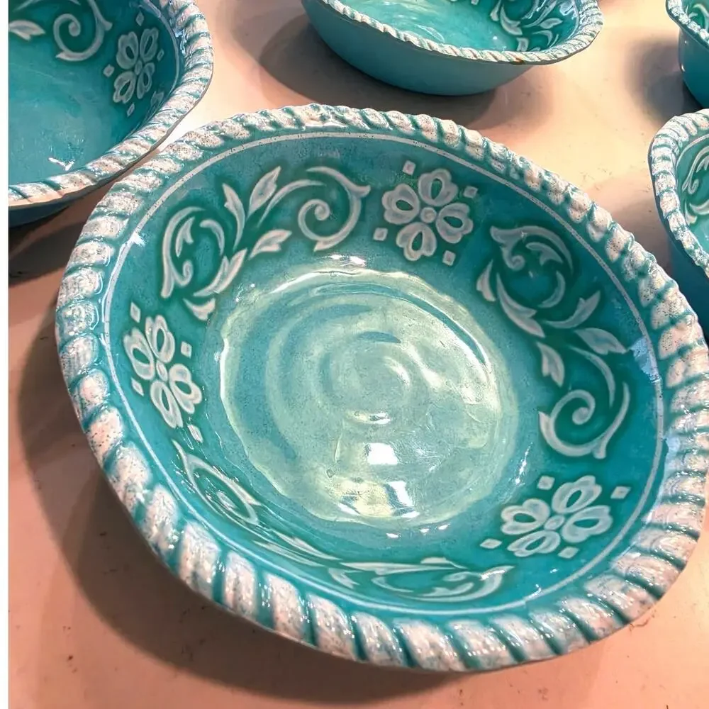 Set of Turquoise Floral Melanine bowls /Italian Style /5 piece
